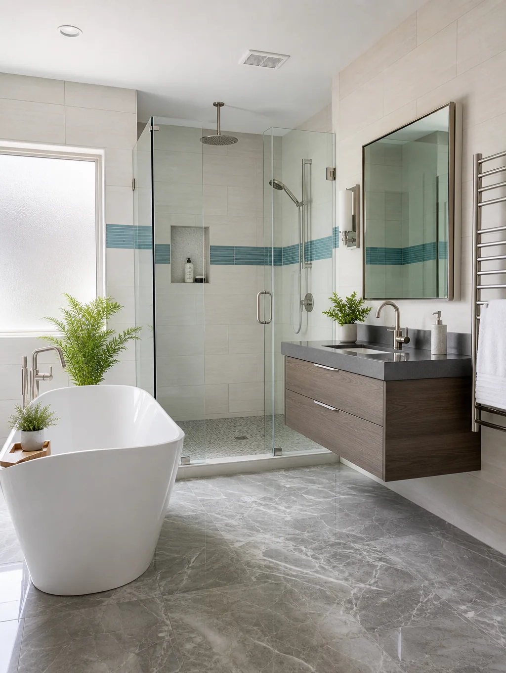 Luxury spa-inspired master bathroom suite with walk-in shower