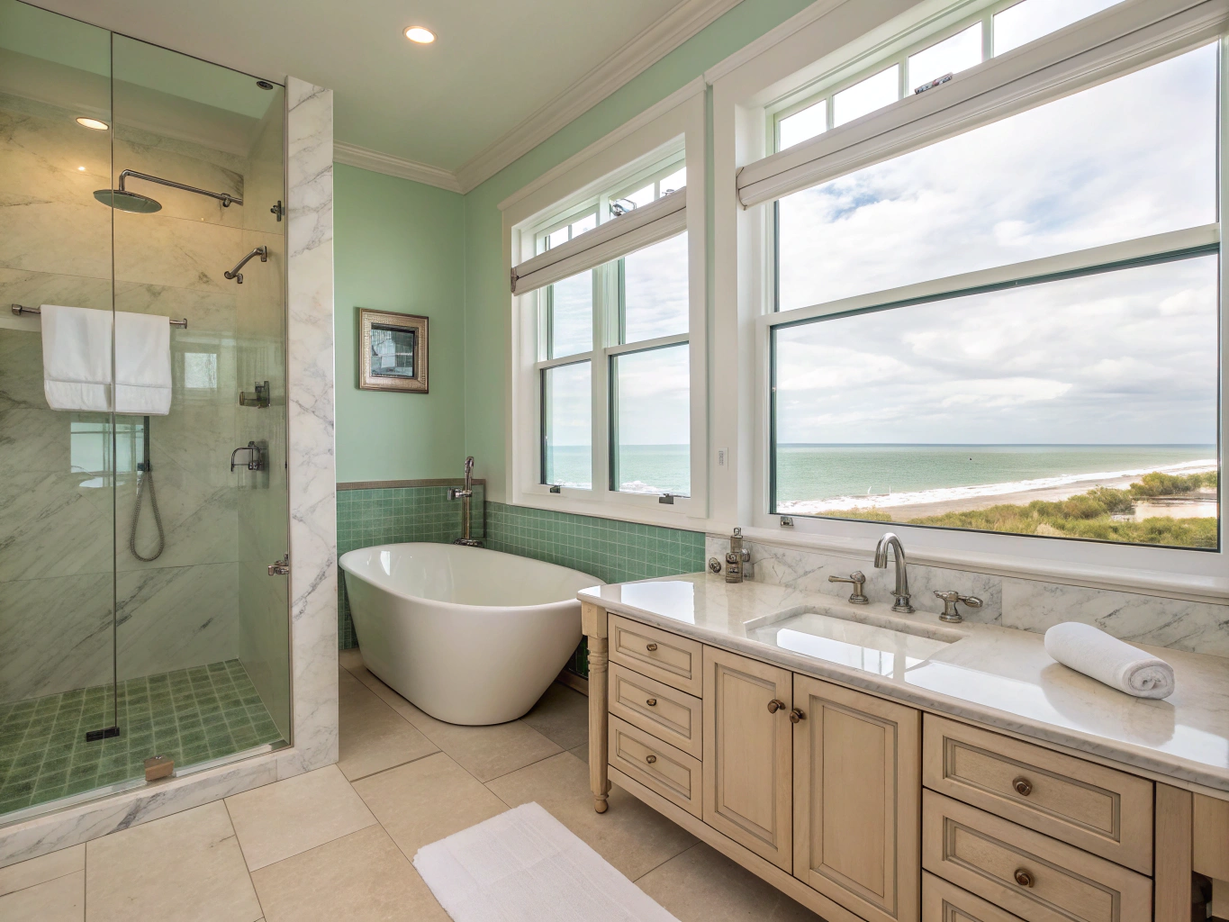Coastal master bath renovation with freestanding tub and double vanity