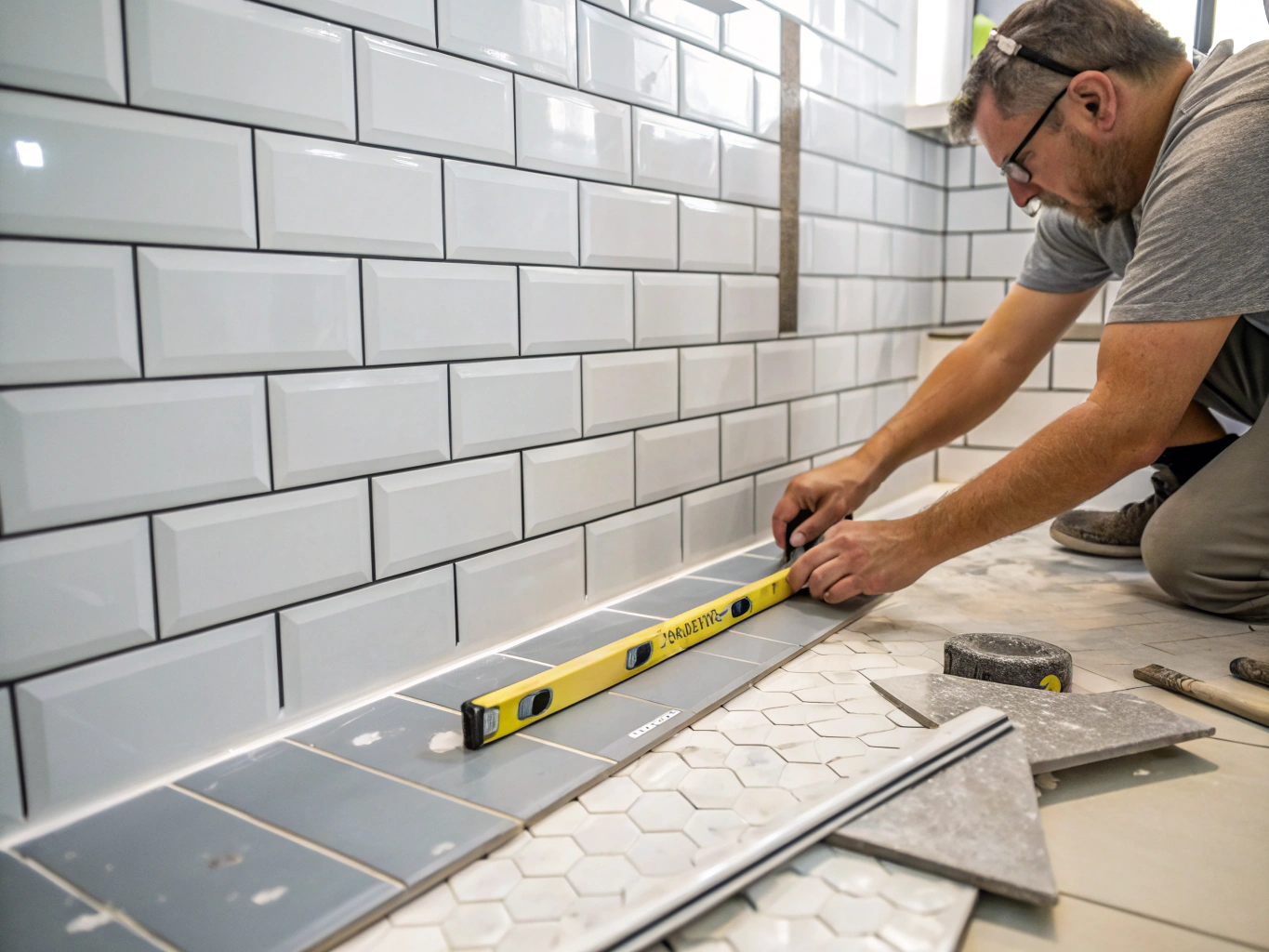 Kitchen and bathroom tile grout, soft-close hardware, and miter joints craftsmanship detail