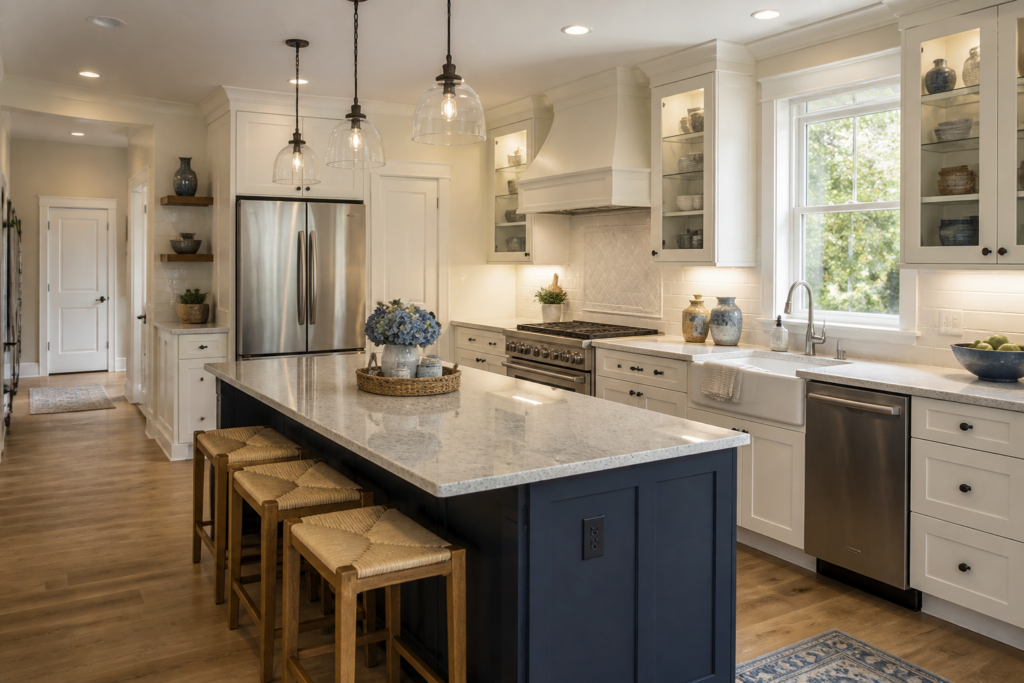 Completed kitchen remodel with coordinated cabinetry, lighting, storage, and preparation space