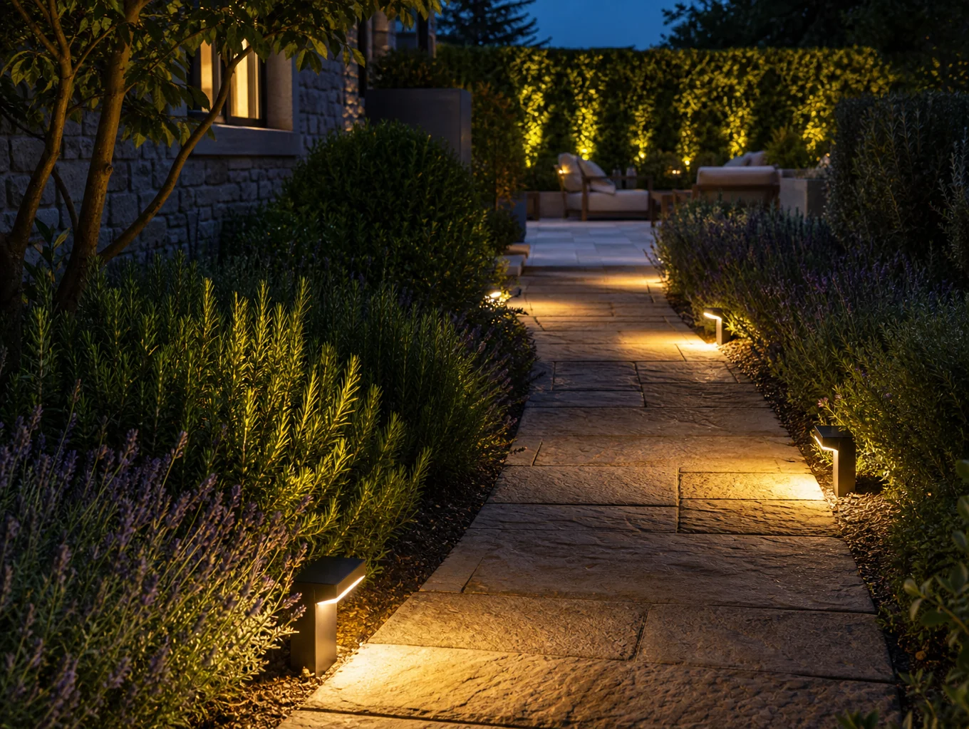Professional landscape lighting at dusk