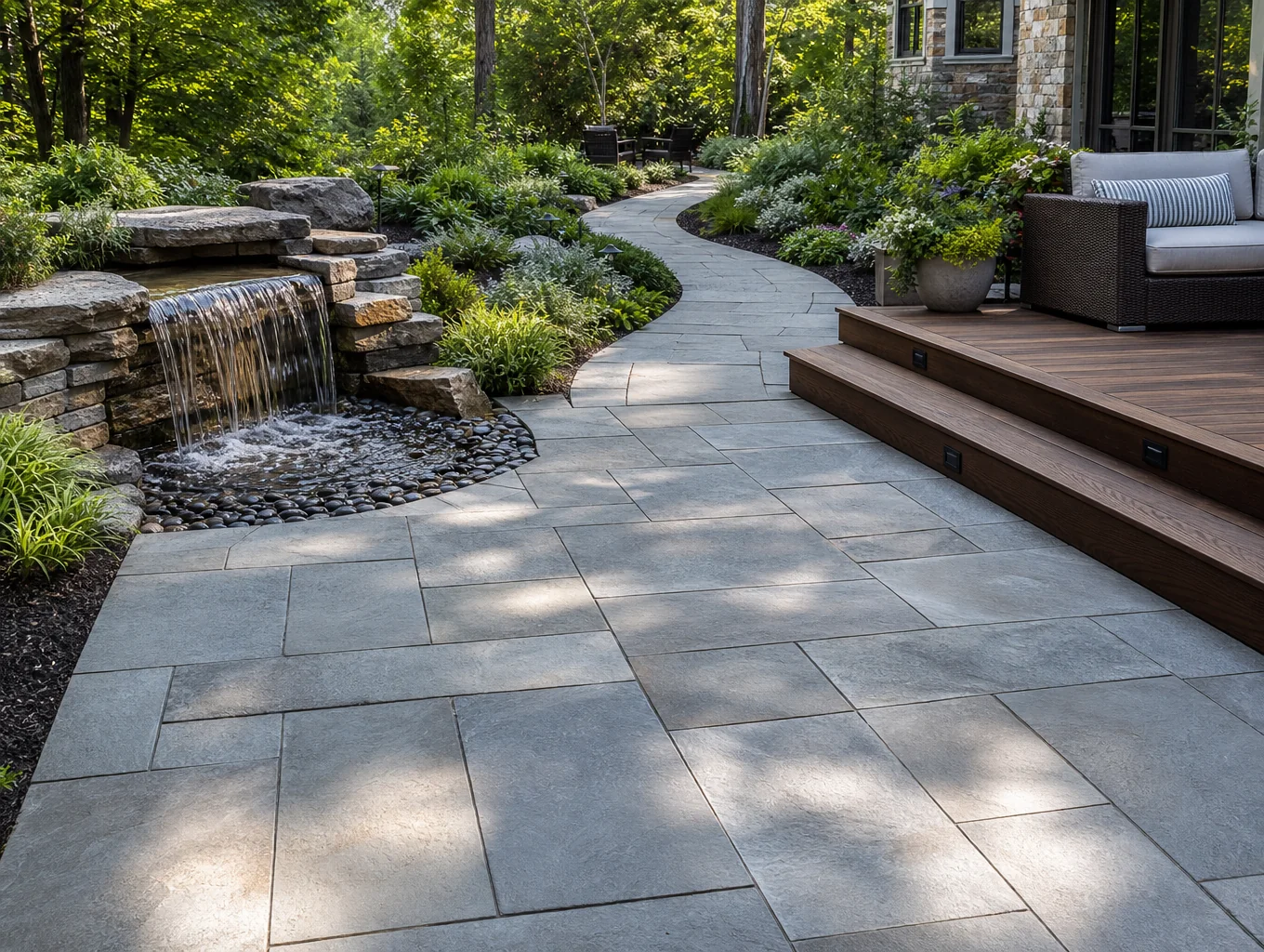 Custom stone patio installation in backyard