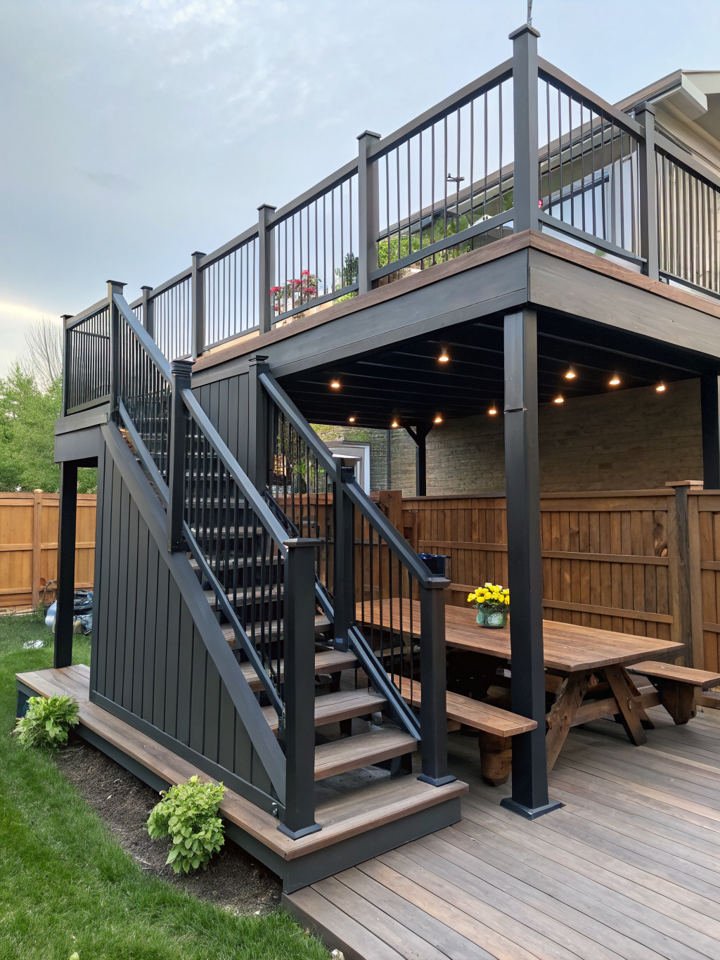 Spacious outdoor deck with integrated seating and lighting