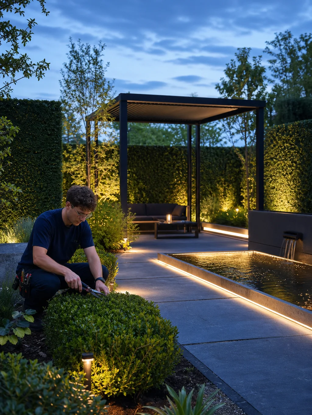 Landscaped backyard with stone pathways and native plantings