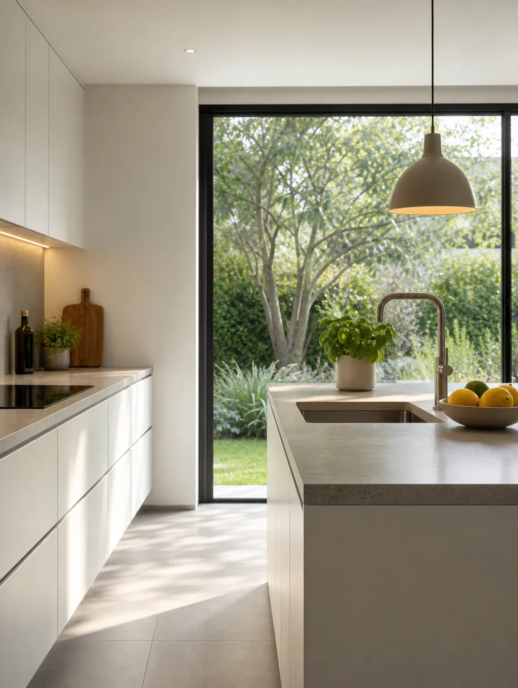Custom oak cabinetry with quartz countertops in a bright kitchen