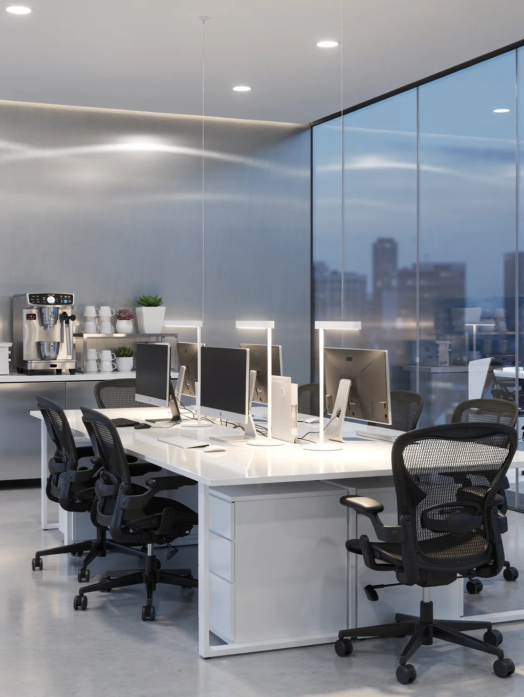 Professional office space with open layout and modern lighting