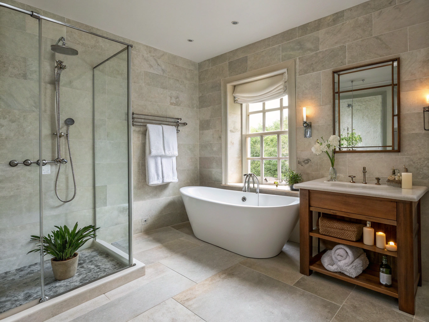 Minimalist bathroom with walk-in shower and stone tile finishes